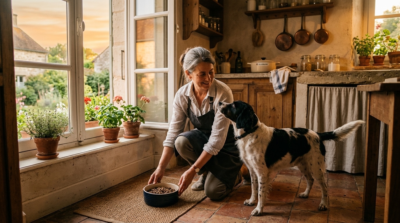 Femme donnant à manger à son chien au coucher du soleil