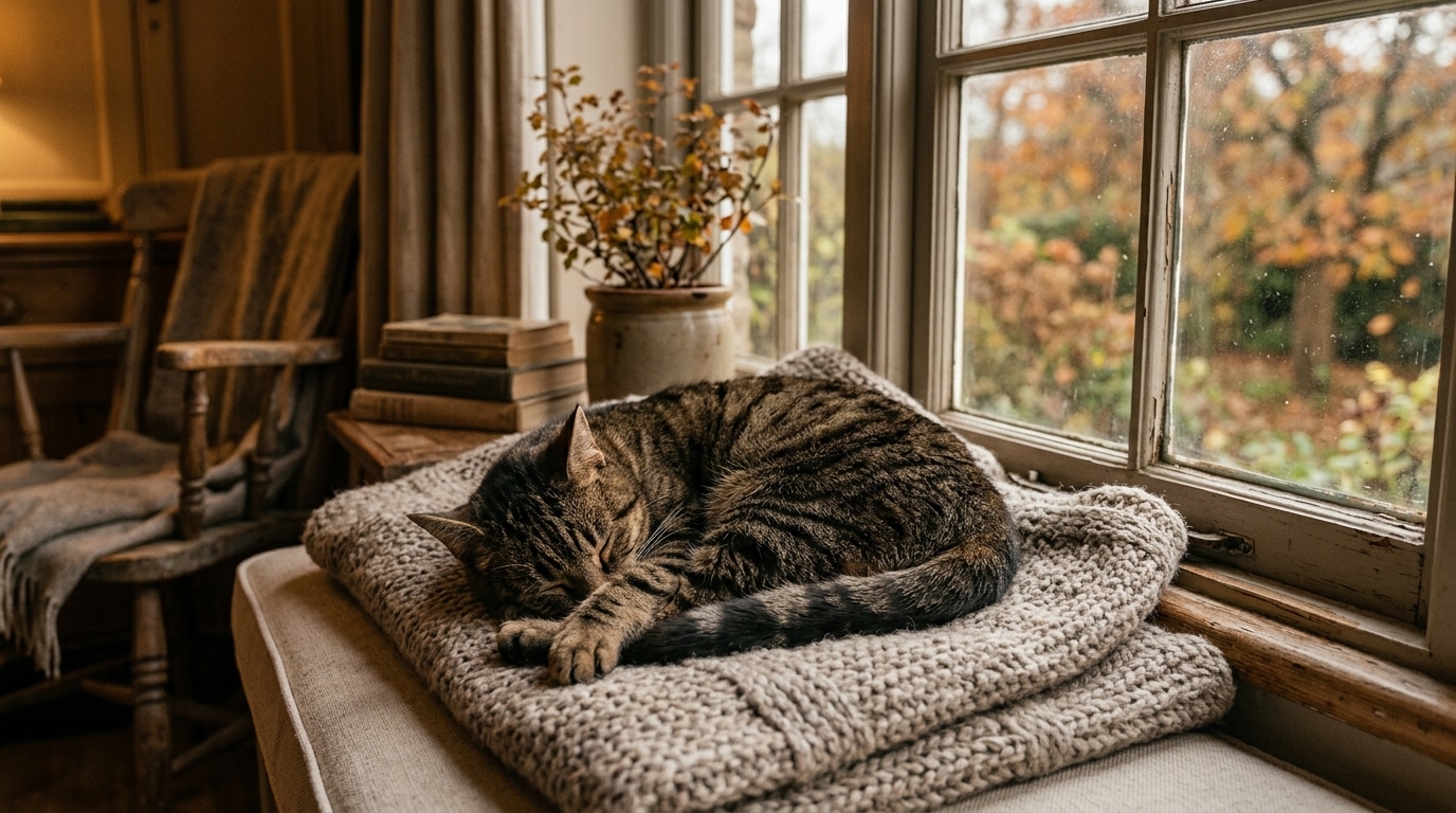 Chat tigré endormi près d'une fenêtre en automne