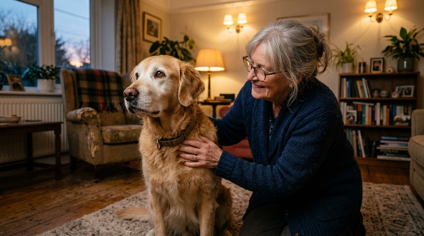 Chien âgé désorienté réconforté par son maître le soir