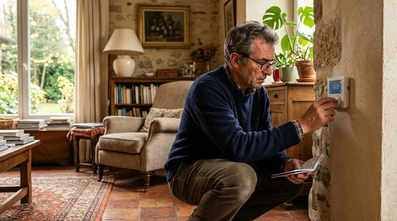 Homme ajustant un thermostat de chauffage programmable