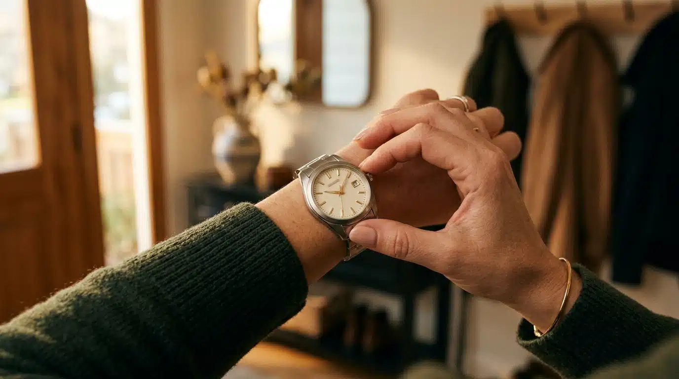 Main réglant une montre analogique à quantième