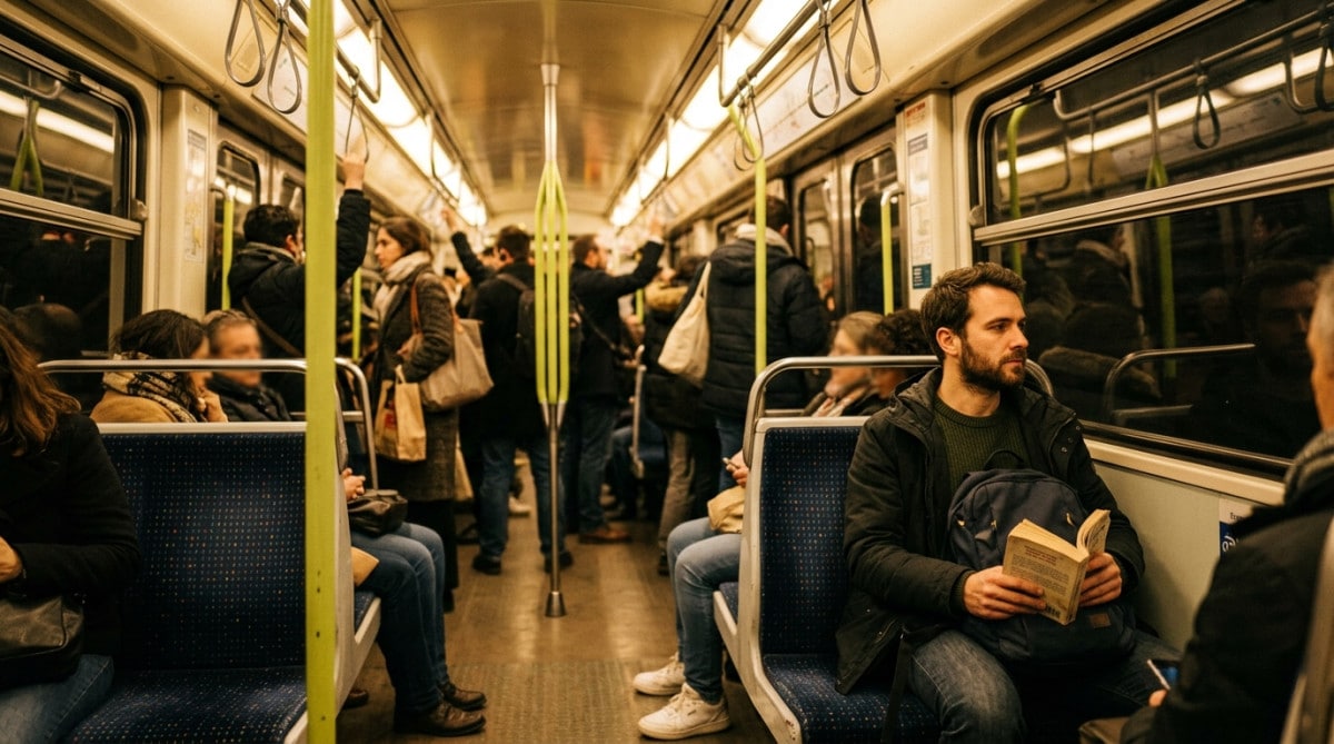 Passager assis sur les sièges bleu marine du métro parisien