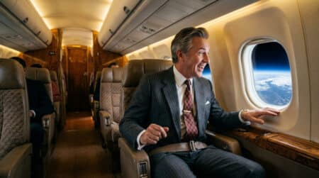 Passager en costume dans la cabine du Concorde dans les années 80