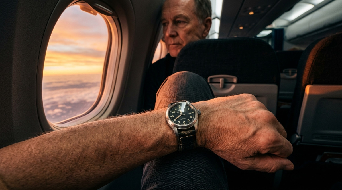 Passager regardant sa montre dans un avion au coucher de soleil