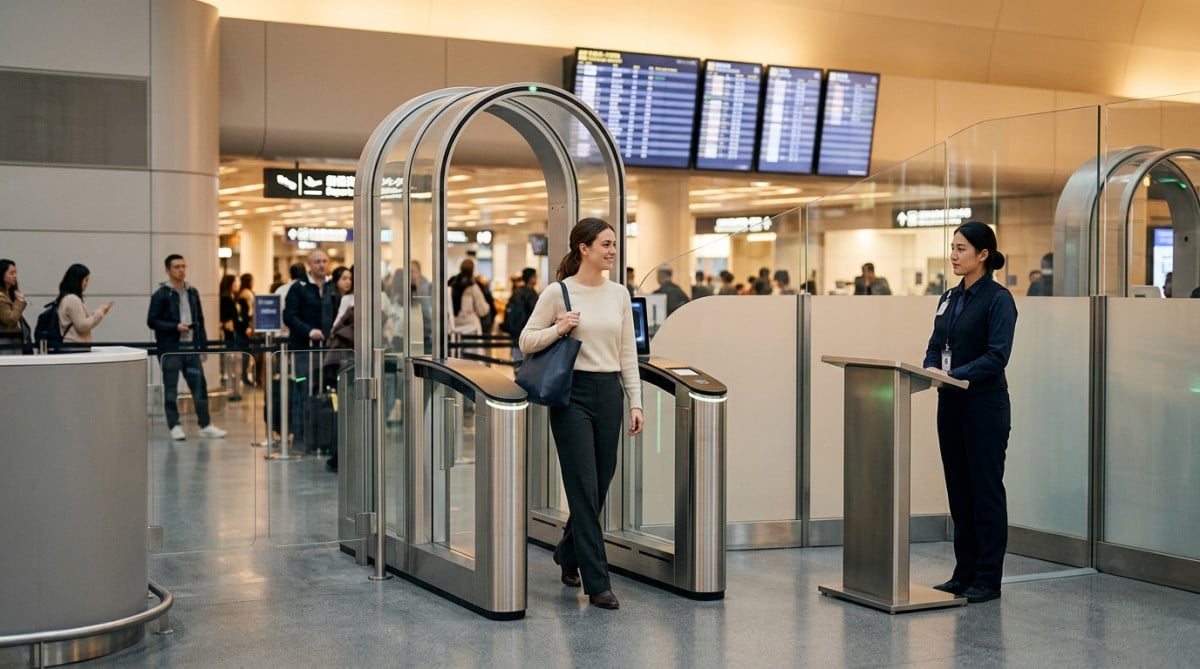 Passagère passant un scanner biométrique dans un aéroport moderne