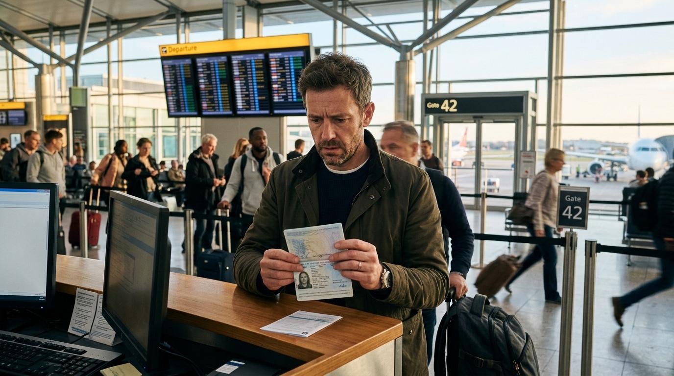 Voyageur anxieux vérifiant la date de son passeport