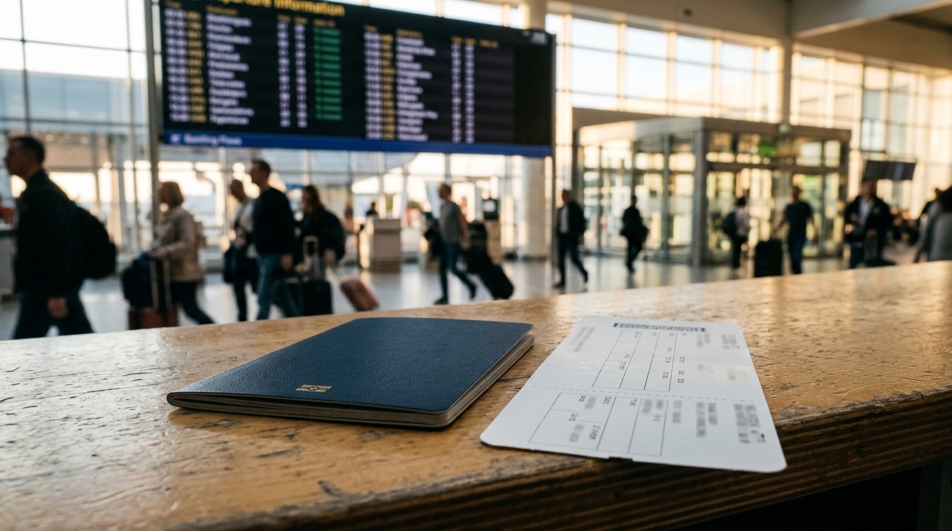 Passeport posé sur un comptoir d'enregistrement d'aéroport