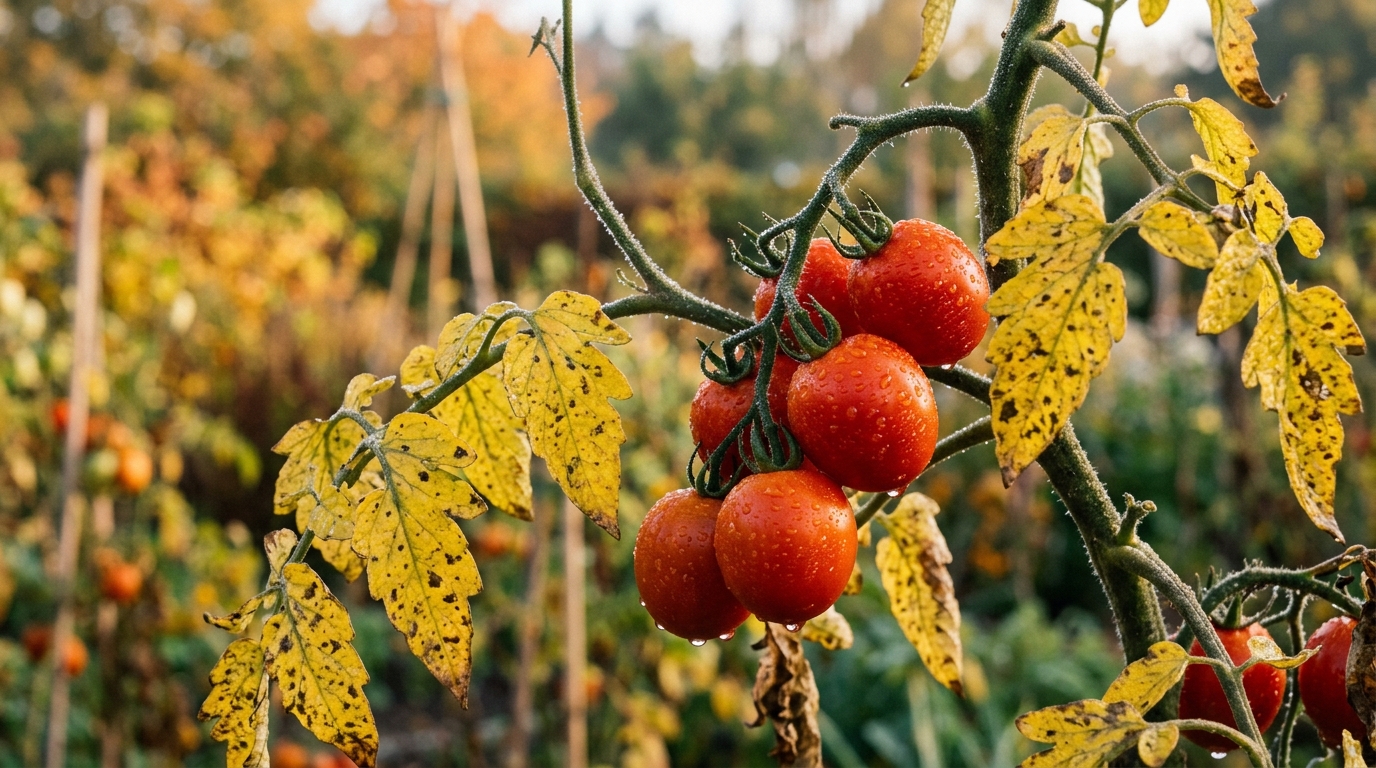 Feuilles de tomate jaunies avec fruits rouges mûrs