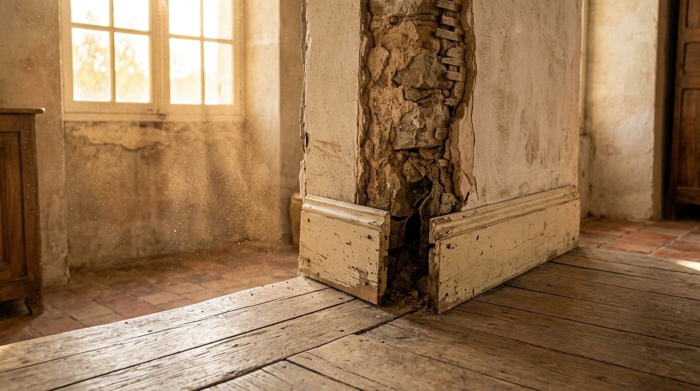 Interstice visible derrière une plinthe décollée dans une maison ancienne
