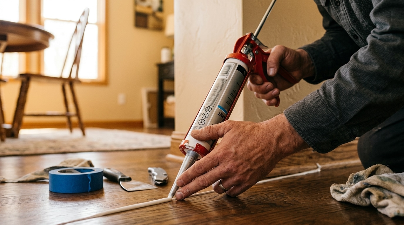 Application de mastic acrylique le long d'une plinthe pour colmater une fuite