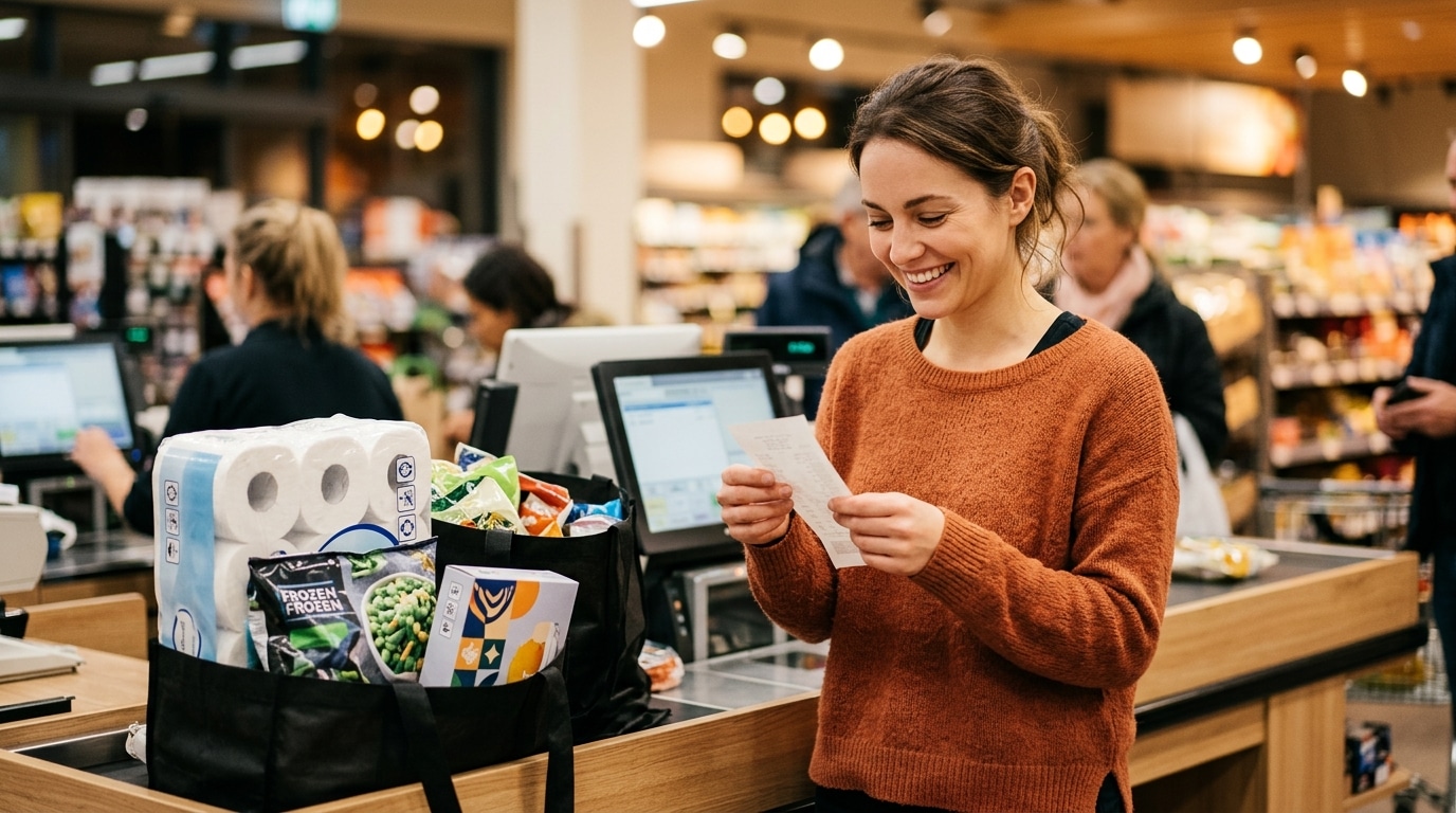 Femme souriante consultant son ticket de caisse après ses courses