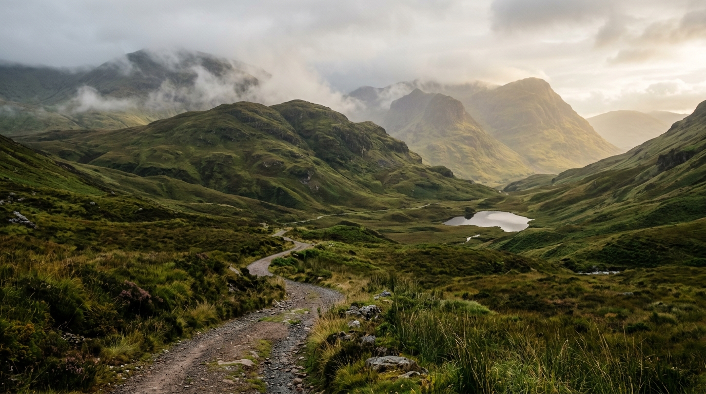 Paysage des Highlands écossaises sous une lumière dorée