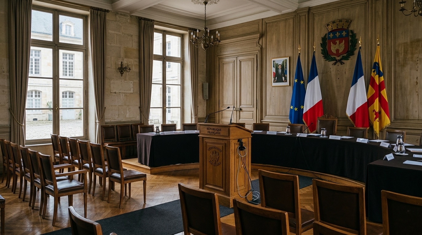 Salle de mairie vide avec podium et microphone