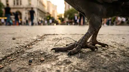 Patte de pigeon avec un fil enroulé autour d'un orteil