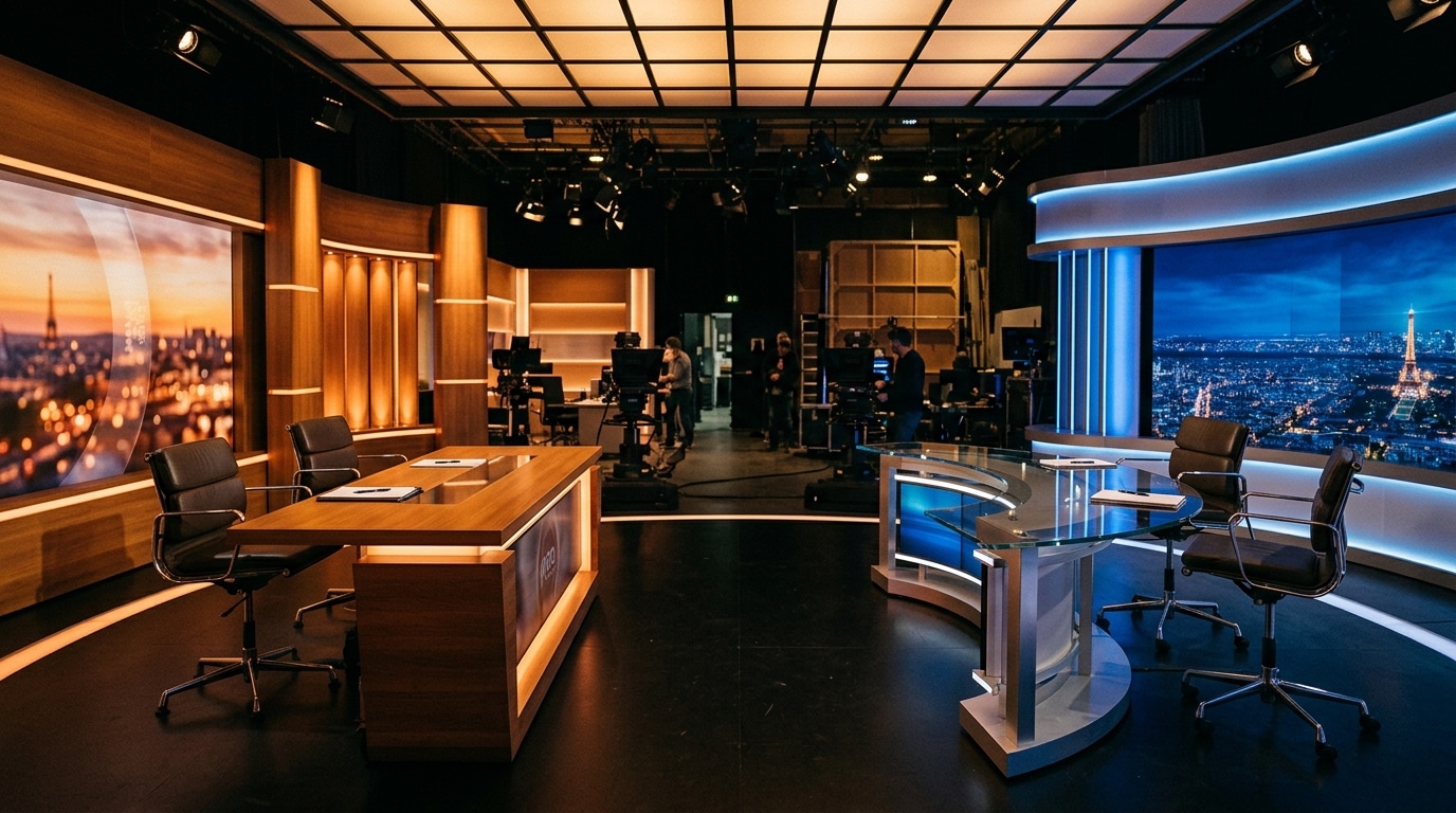 Deux plateaux de télévision représentant la rivalité entre chaînes