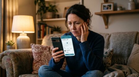 Femme consultant une appli de rendez-vous médical sur son téléphone