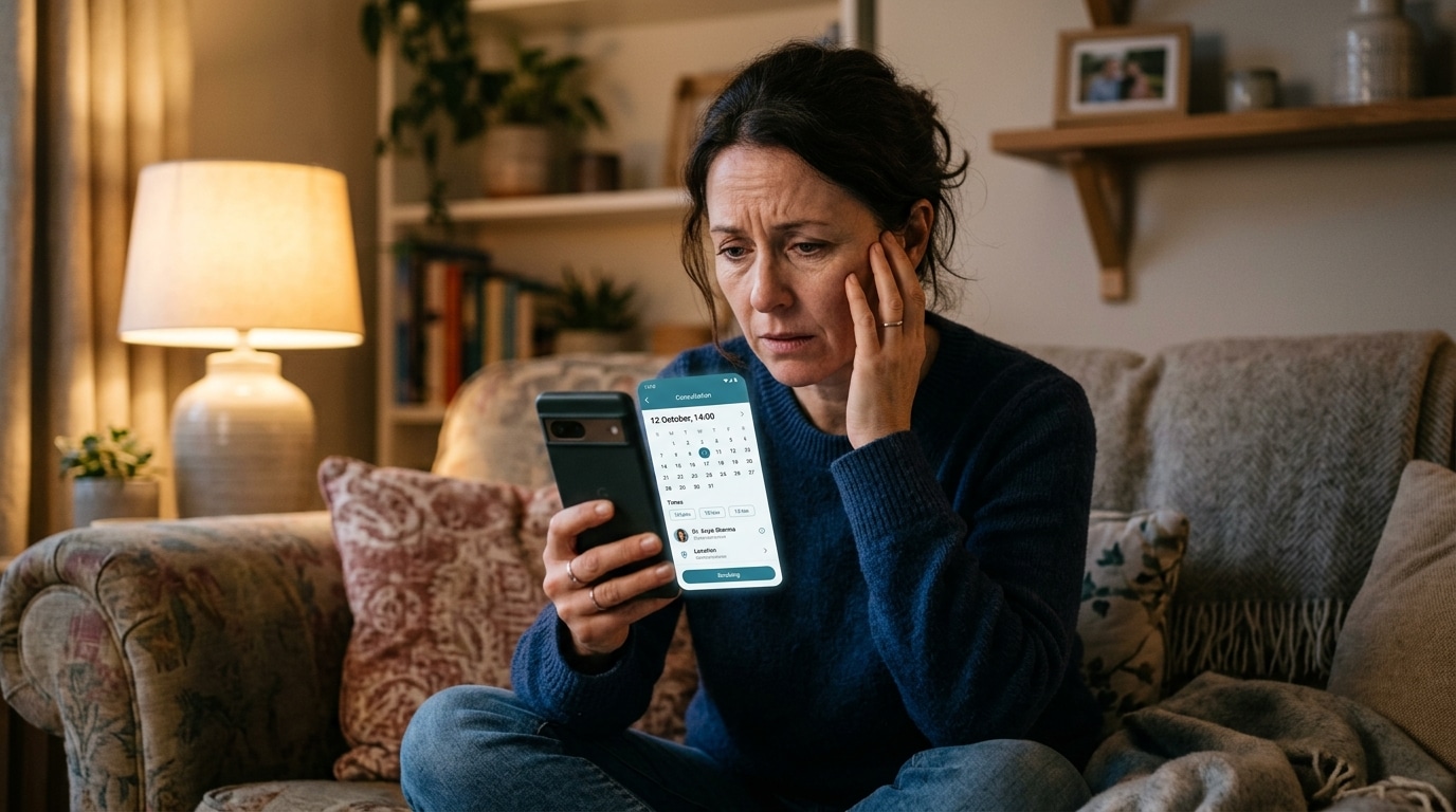 Femme consultant une appli de rendez-vous médical sur son téléphone