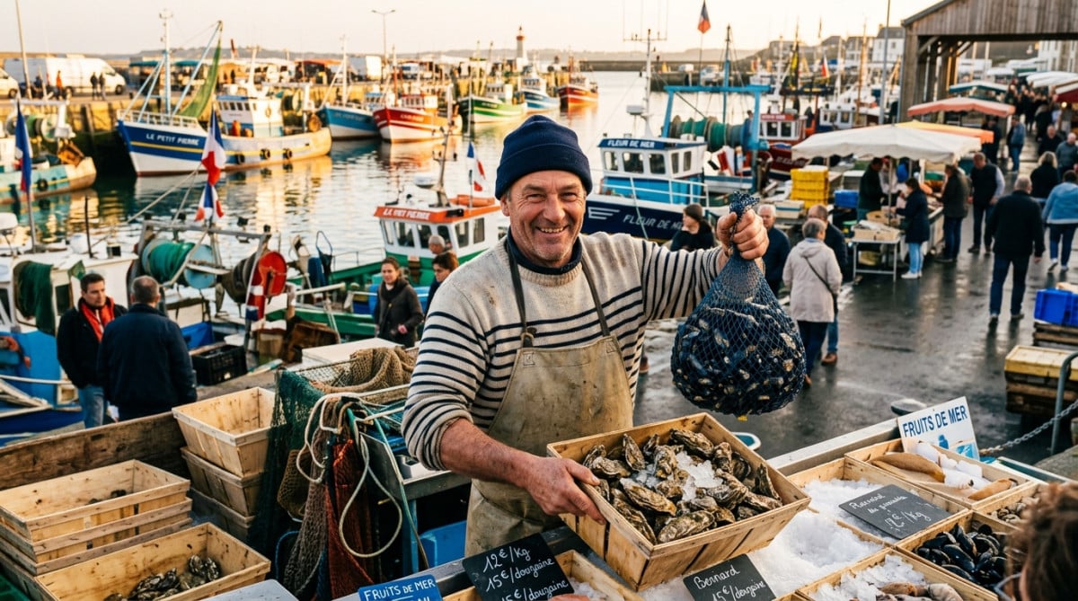 Pêcheur présentant moules et huîtres au marché