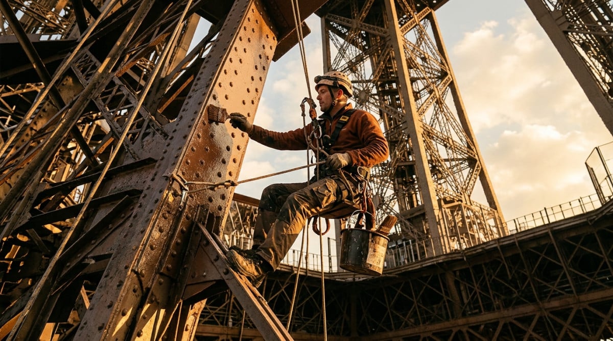 Peintre suspendu appliquant la peinture brune sur la structure de la tour Eiffel