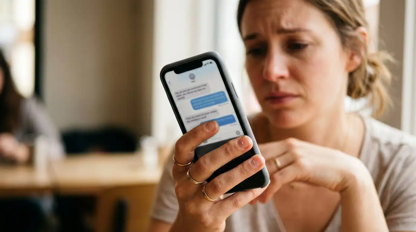 Main tenant un téléphone avec messages flous en arrière-plan