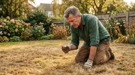 Homme inspectant une pelouse grillée en septembre