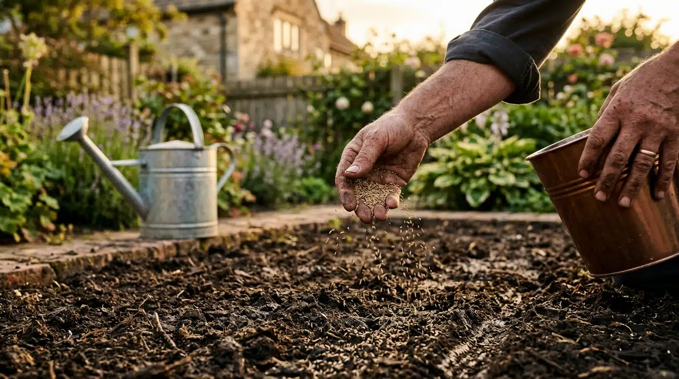Mains semant des graines de gazon sur sol préparé