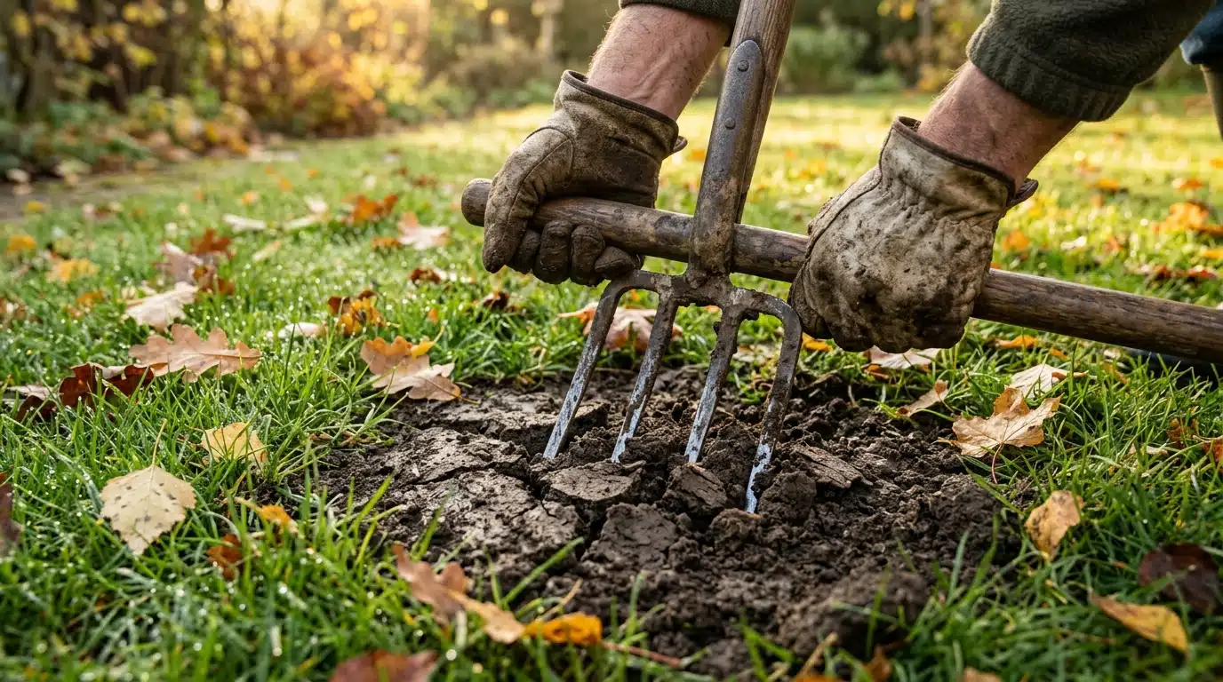 Aération manuelle d'une pelouse avec une fourche de jardin