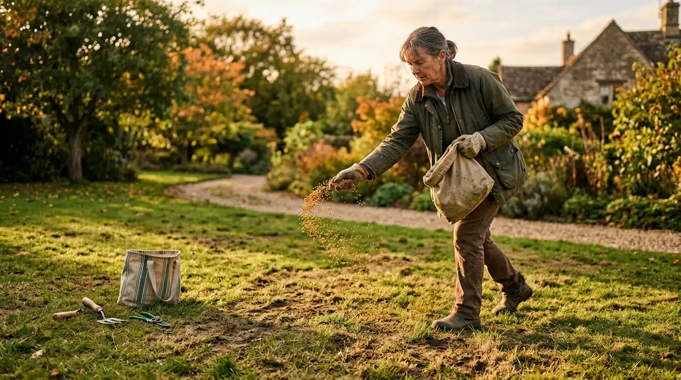 Épandage d'engrais d'automne sur un gazon dégarni