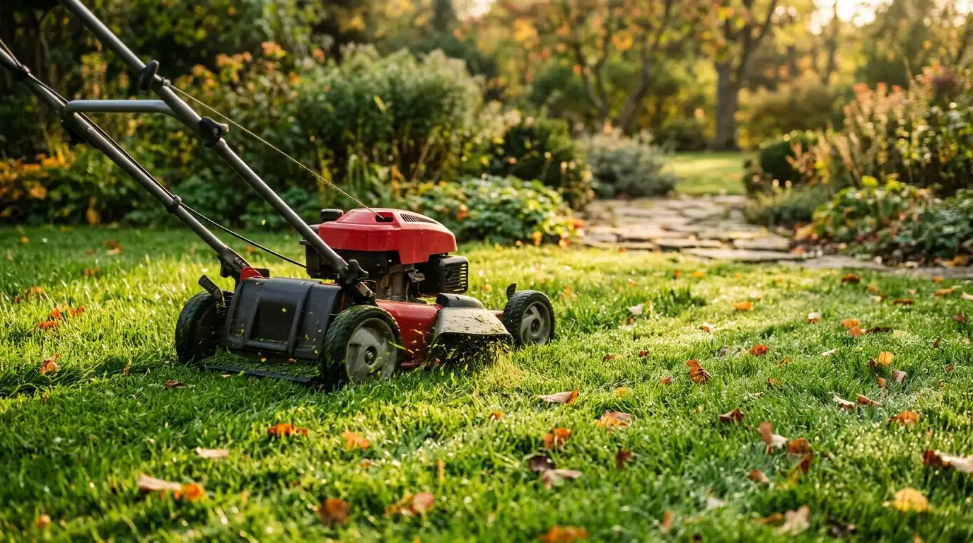 Tondeuse coupant une pelouse verte en automne