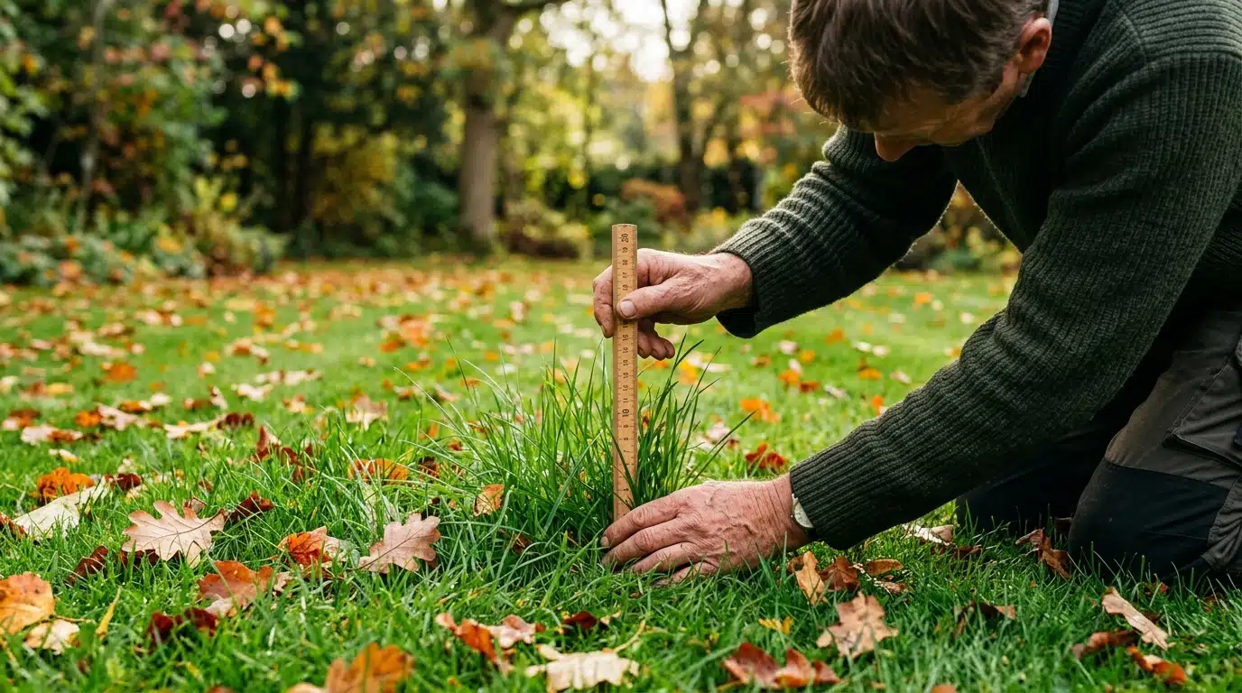 Mains mesurant la hauteur d'herbe avec une règle