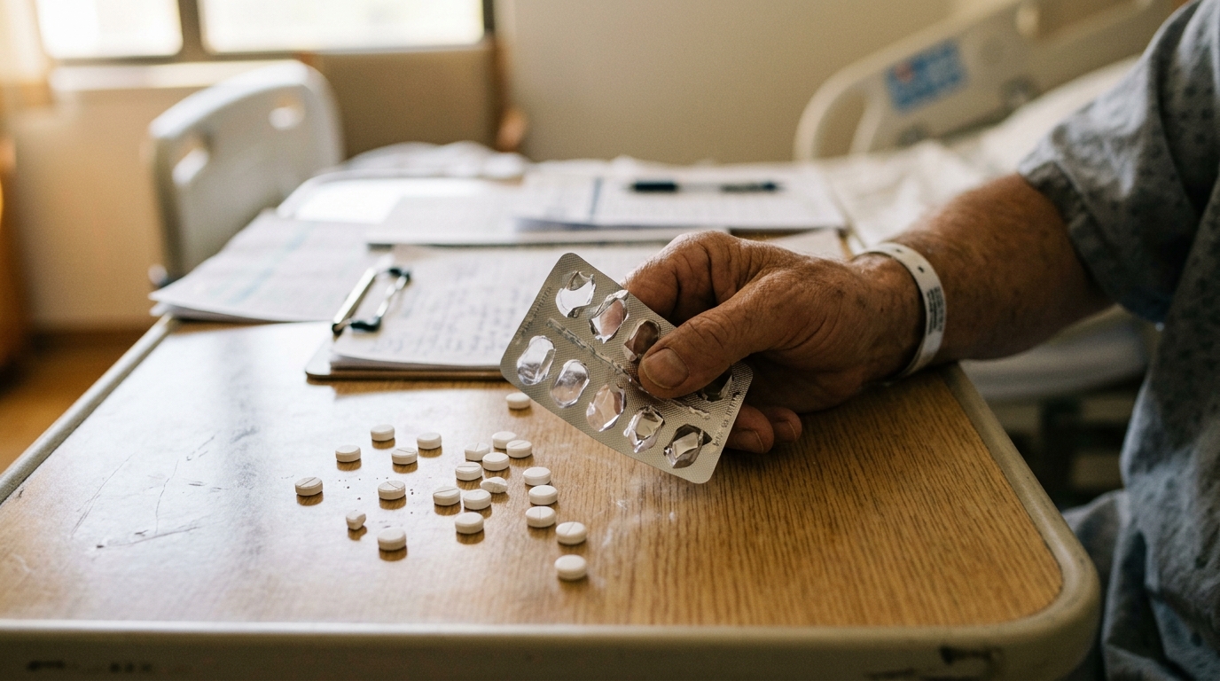 Plaquette de médicaments vide sur une table d'hôpital