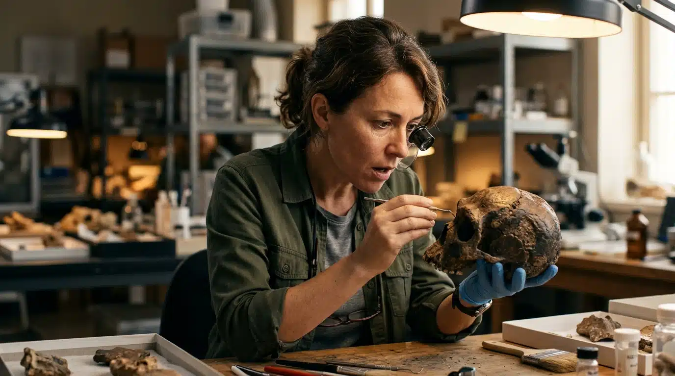Chercheur examinant un crâne fossile en laboratoire