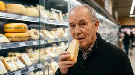 Homme âgé surpris devant un rayon de fromages réfrigérés