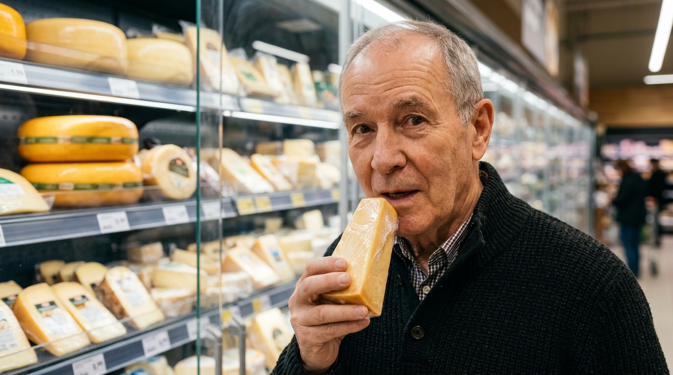 Homme âgé surpris devant un rayon de fromages réfrigérés