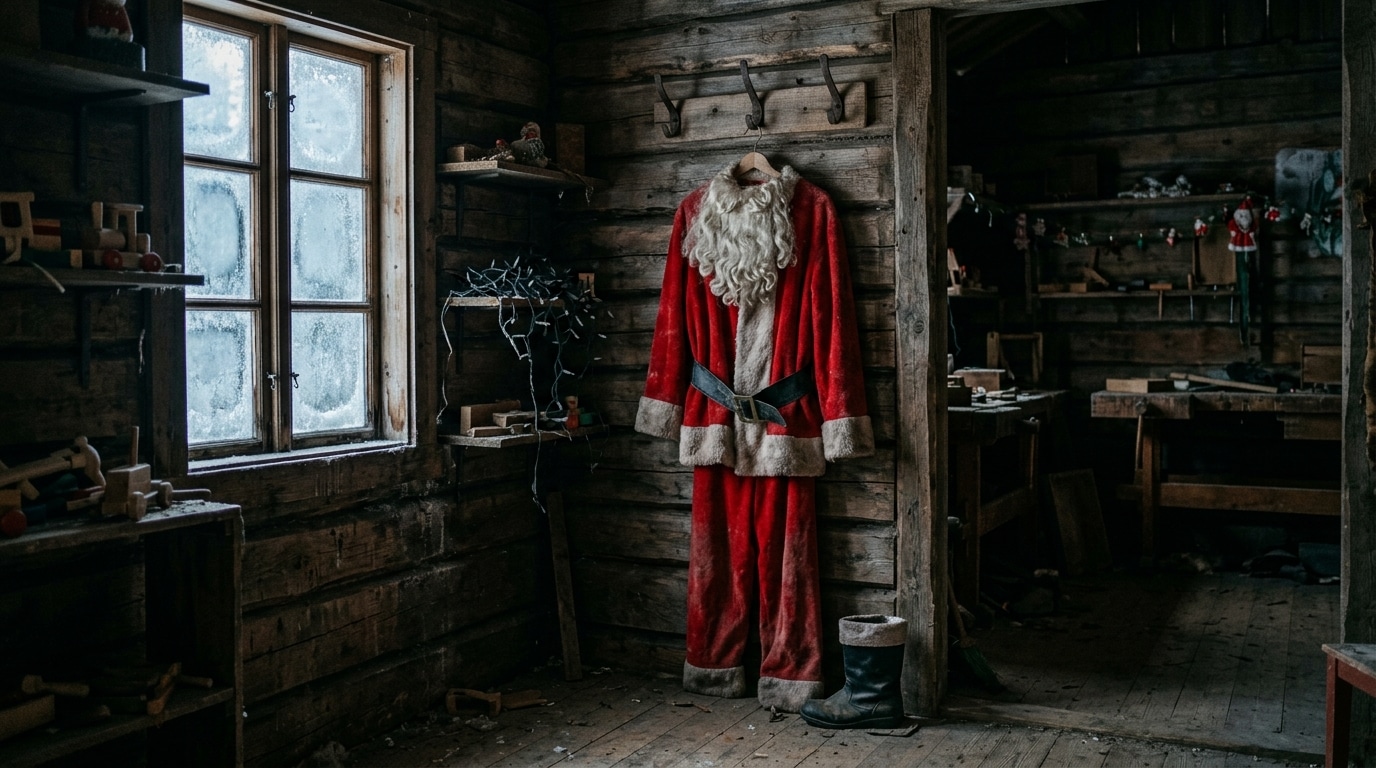 Costume de Père Noël suspendu dans un atelier vide