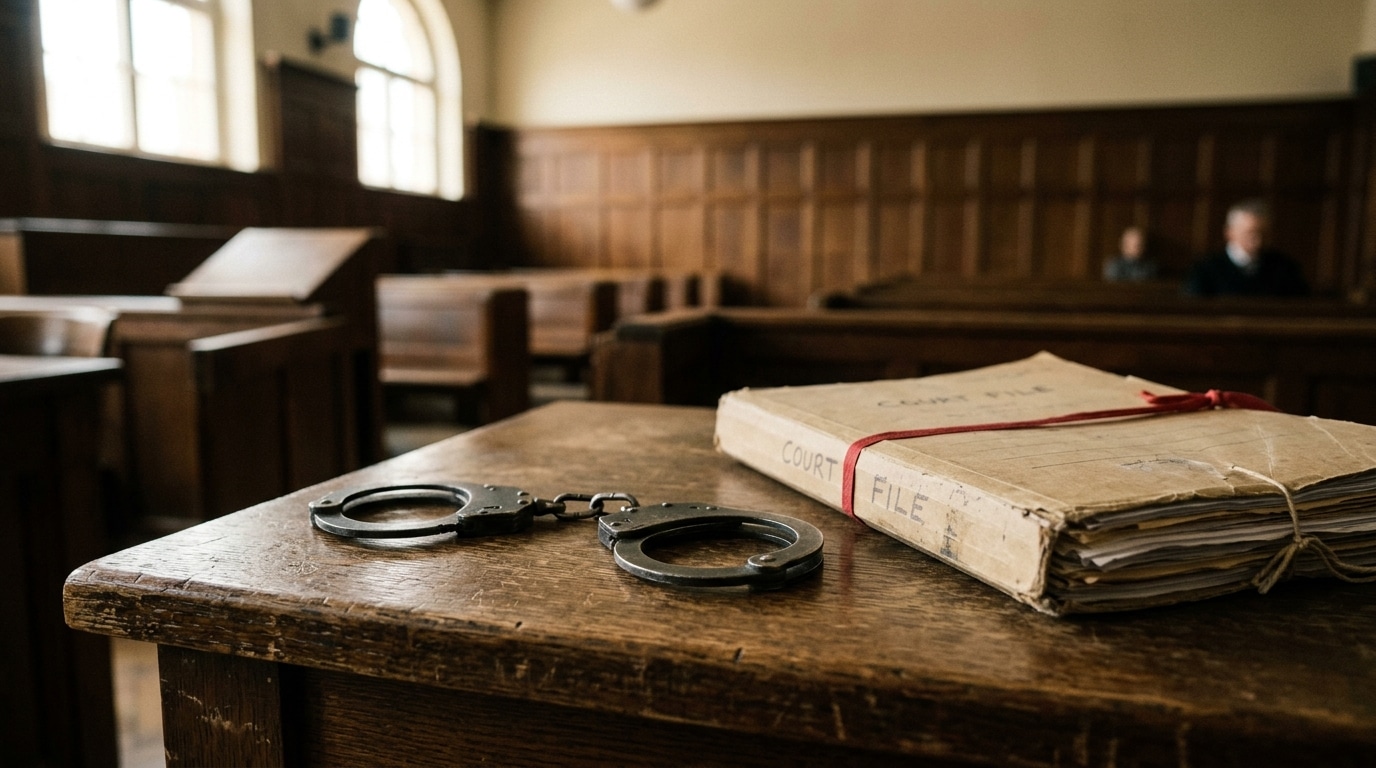 Menottes posées sur un banc de tribunal en bois