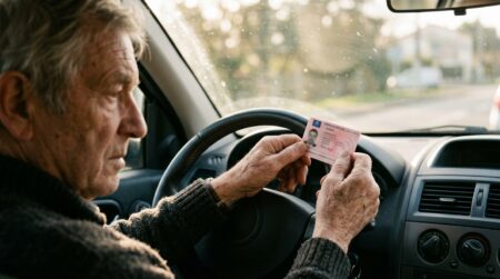 Homme âgé tenant son permis de conduire rose