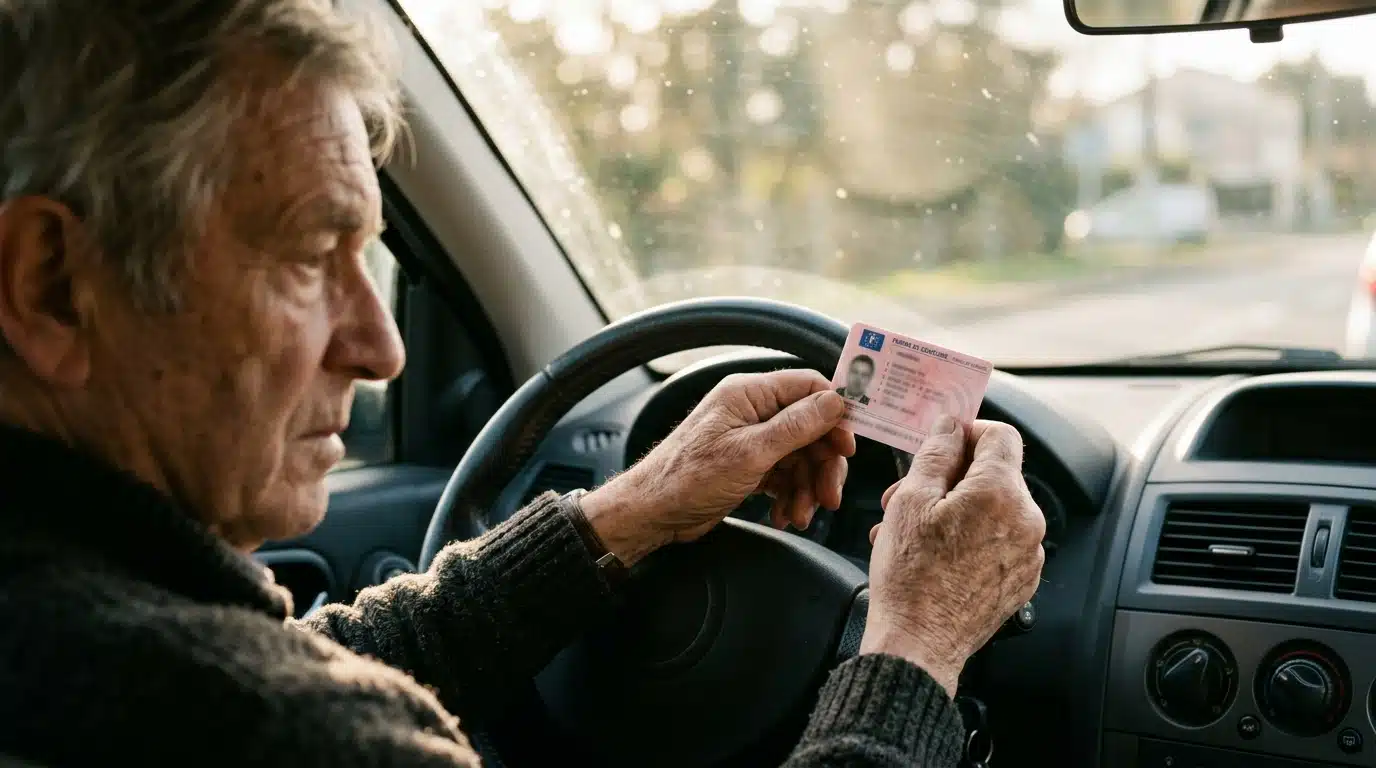 Homme âgé tenant son permis de conduire rose