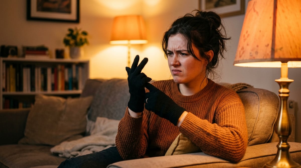 Personne avec des gants essayant de claquer des doigts