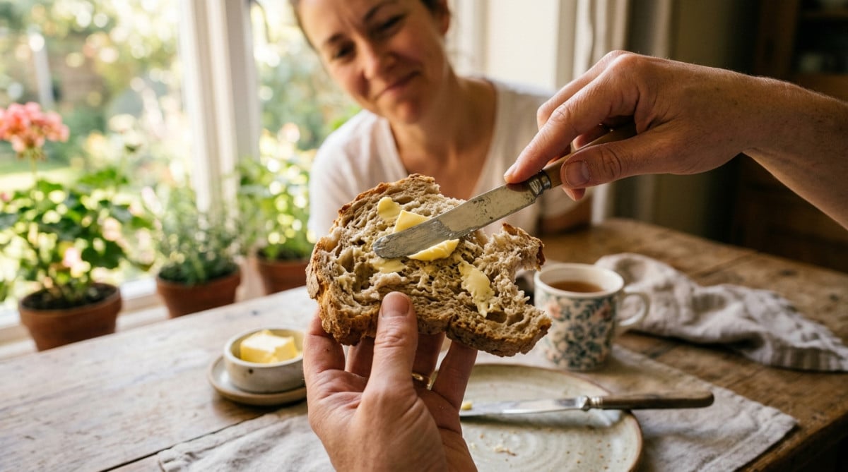 Personne beurrant une tartine qui se déchire au petit-déjeuner