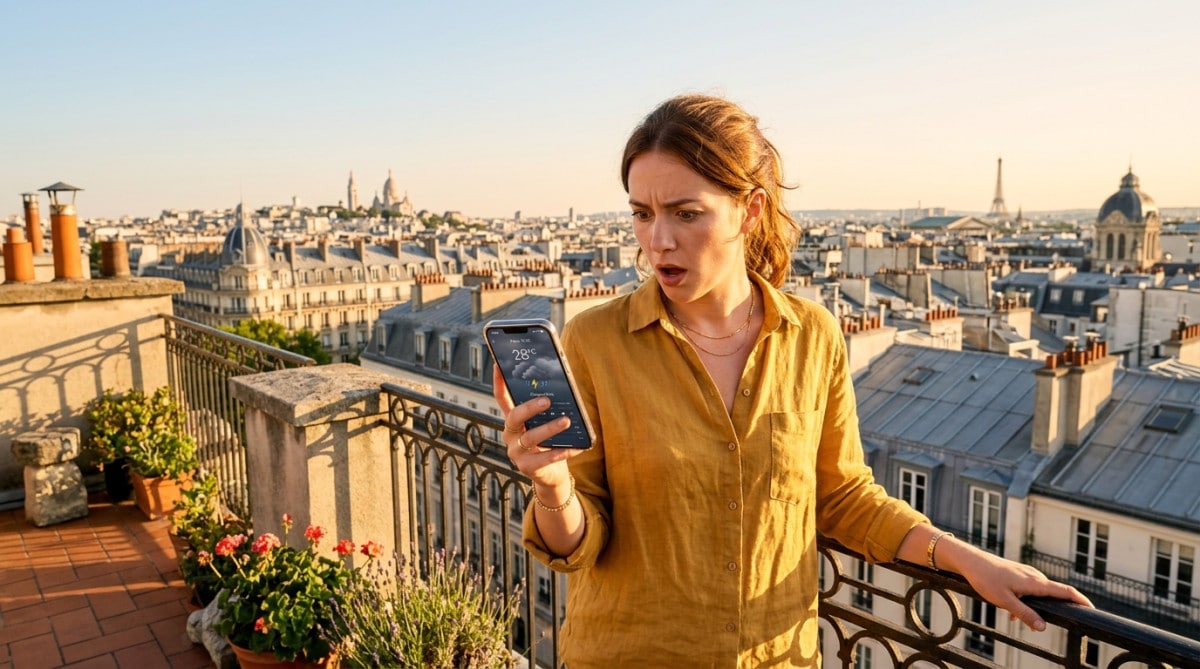 Personne consultant la météo sur son téléphone au soleil