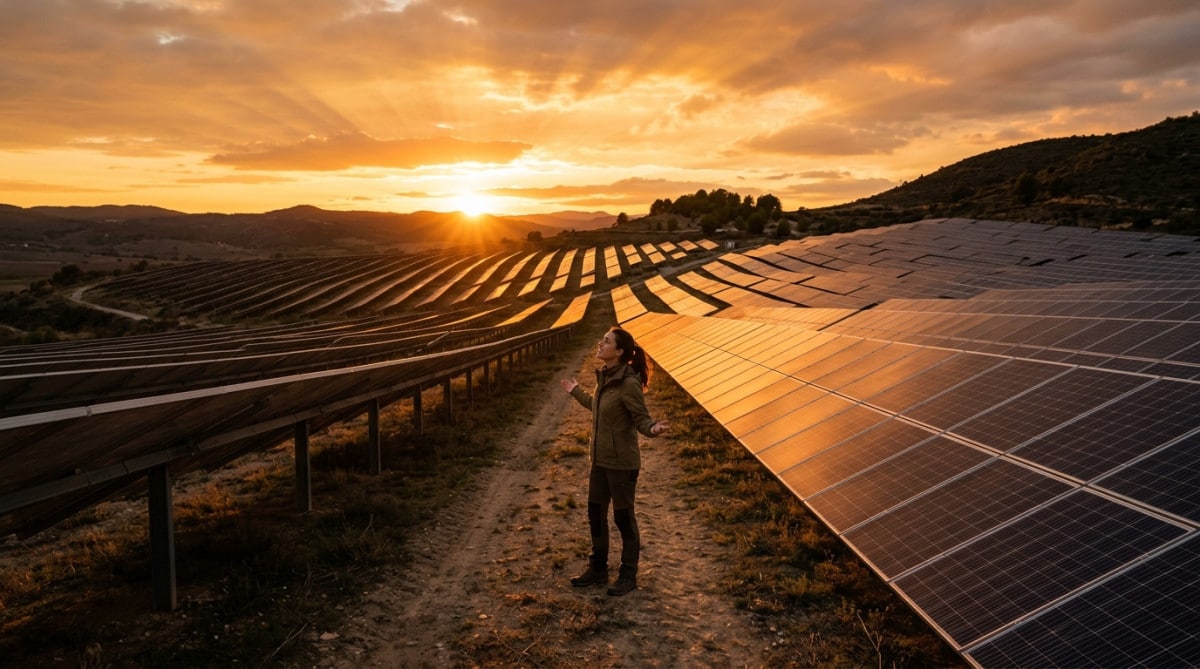 Personne émerveillée devant un champ de panneaux solaires doré