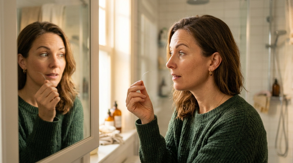 Personne examine un cheveu blanc dans le miroir