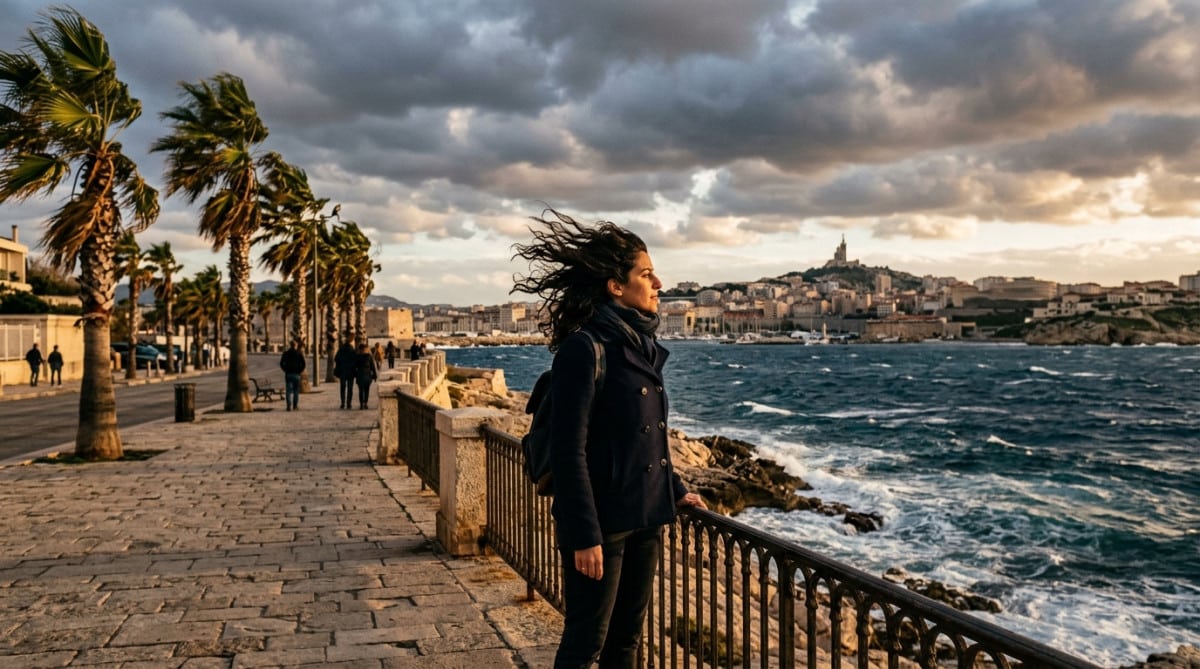 Personne face au vent sur le front de mer à Marseille