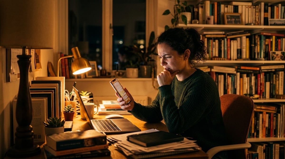 Personne lisant un message viral sur son téléphone la nuit