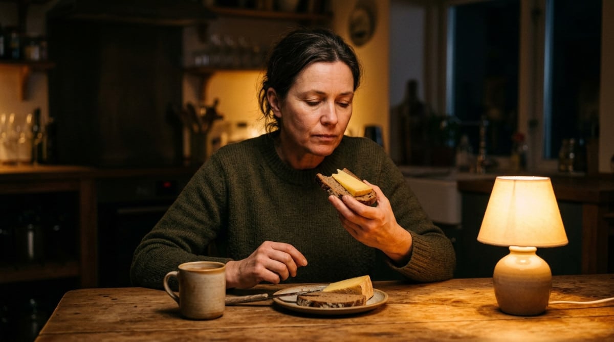 Personne mangeant du fromage tard le soir à la cuisine