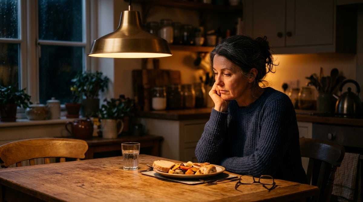 Personne mangeant tard le soir à table