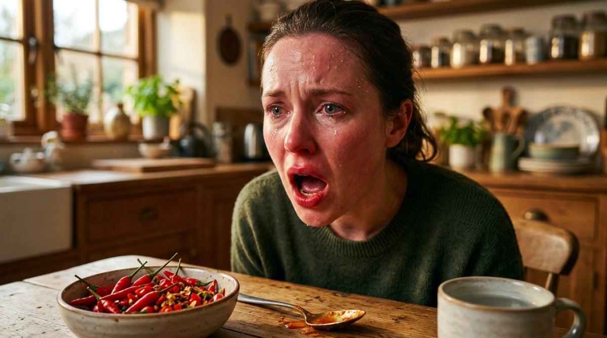 Personne mangeant un plat très épicé au piment