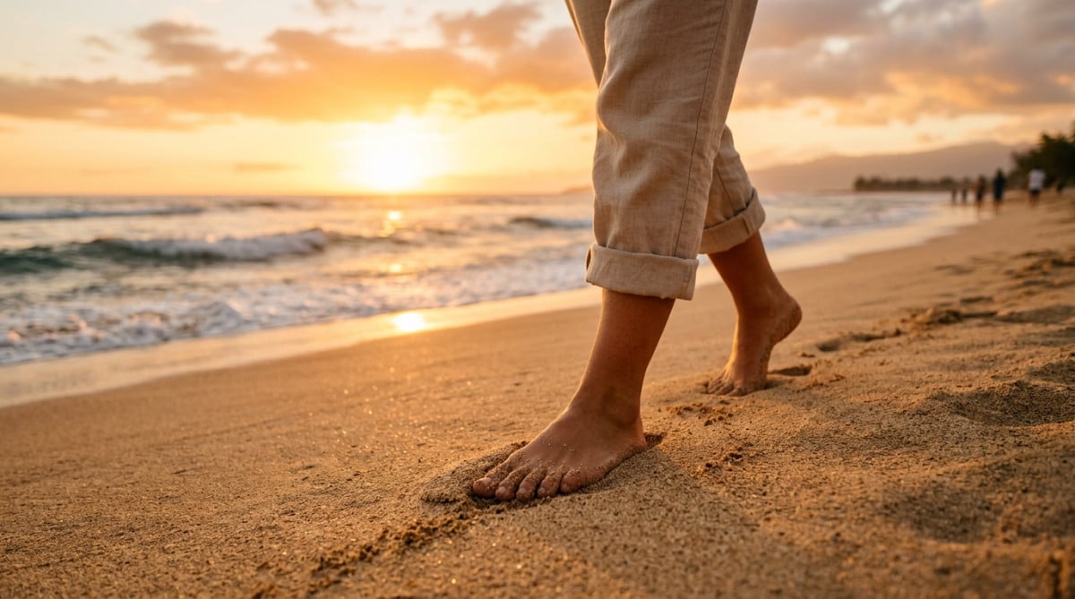 Personne marchant pieds nus sur le sable doré