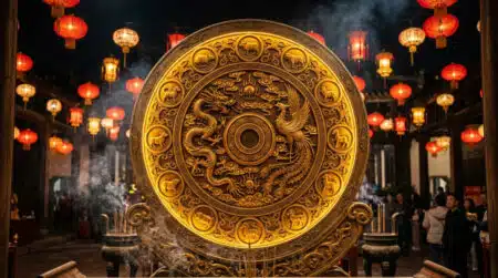 Personne méditant sereinement dans une ambiance mystique dorée pour l'horoscope chinois